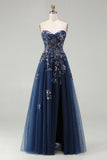 Sparkly Navy A-Line Tulle Long Corset Prom Dress with Sequins
