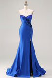 Sparkly Royal Blue Beaded Mermaid Long Corset Prom Dress with Appliques