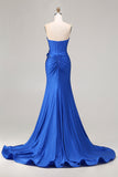 Sparkly Royal Blue Beaded Mermaid Long Corset Prom Dress with Appliques