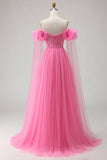 Hot Pink Tulle Off the Shoulder Long Prom Dress with 3D Flowers