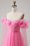 Hot Pink Tulle Off the Shoulder Long Prom Dress with 3D Flowers