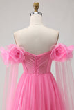 Hot Pink Tulle Off the Shoulder Long Prom Dress with 3D Flowers