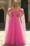 Hot Pink Tulle Long Off the Shoulder Prom Dress with 3D Flowers