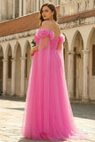 Hot Pink Tulle Long Off the Shoulder Prom Dress with 3D Flowers