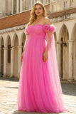 Hot Pink Tulle Long Off the Shoulder Prom Dress with 3D Flowers