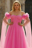 Hot Pink Tulle Long Off the Shoulder Prom Dress with 3D Flowers