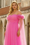 Hot Pink Tulle Long Off the Shoulder Prom Dress with 3D Flowers