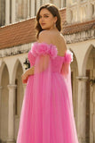 Hot Pink Tulle Long Off the Shoulder Prom Dress with 3D Flowers