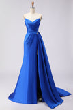 Royal Blue Mermaid Strapless Ruched Long Prom Dress with Side Cape