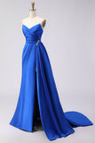 Royal Blue Mermaid Strapless Ruched Long Prom Dress with Side Cape