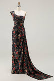 Floral Black and Red Mermaid Maxi Prom Dress with Slit