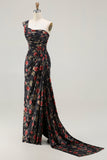 Floral Black and Red Mermaid Maxi Prom Dress with Slit