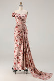 Floral Blush Mermaid Ruched Long Prom Dress with Side Cape