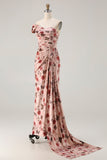Floral Blush Mermaid Ruched Long Prom Dress with Side Cape