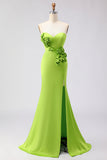 Green Satin Mermaid Sweetheart Long 3D Flowers Prom Dress with Slit