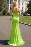 Green Satin Mermaid Sweetheart Long 3D Flowers Prom Dress with Slit