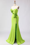 Green Satin Mermaid Sweetheart Long 3D Flowers Prom Dress with Slit