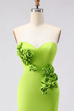 Green Satin Mermaid Sweetheart Long 3D Flowers Prom Dress with Slit