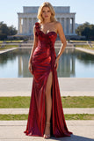 Red Metallic Ruched Long Corset Mermaid Prom Dress with 3D Flowers