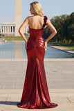 Red Metallic Ruched Long Corset Mermaid Prom Dress with 3D Flowers