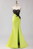 Black and Green Mermaid Ruched Maxi Corset Prom Dress with Slit