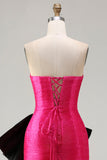 Fuchsia Mermaid Strapless Long Lace up Back Prom Dress with Bow