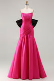 Fuchsia Mermaid Strapless Long Lace up Back Prom Dress with Bow
