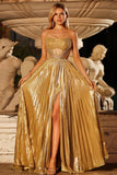 Sparkly Golden Beaded Metallic Pleated Maxi Corset Prom Dress with Slit