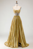 Sparkly Golden Beaded Metallic A Line Long Corset Prom Dress with Slit
