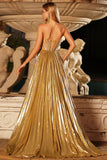 Sparkly Golden Beaded Metallic Pleated Maxi Corset Prom Dress with Slit
