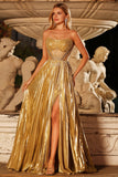 Sparkly Golden Beaded Metallic Pleated Maxi Corset Prom Dress with Slit