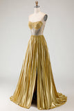 Sparkly Golden Beaded Metallic A Line Long Corset Prom Dress with Slit