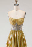 Sparkly Golden Beaded Metallic A Line Long Corset Prom Dress with Slit