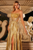 Sparkly Golden Beaded Metallic Pleated Maxi Corset Prom Dress with Slit