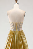 Sparkly Golden Beaded Metallic A Line Long Corset Prom Dress with Slit