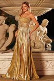Sparkly Golden Beaded Metallic Pleated Maxi Corset Prom Dress with Slit