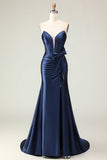 Navy Strapless Mermaid Long Corset Prom Dress with Slit