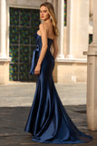 Navy Strapless Mermaid Long Corset Prom Dress with Slit