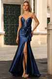 Navy Strapless Mermaid Long Corset Prom Dress with Slit