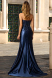Navy Strapless Mermaid Long Corset Prom Dress with Slit