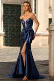 Navy Strapless Mermaid Long Corset Prom Dress with Slit