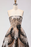 Sparkly Black and Apricot Ball Gown Strapless Long Prom Dress with Sequin