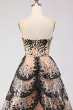 Sparkly Black and Apricot Ball Gown Strapless Long Prom Dress with Sequin