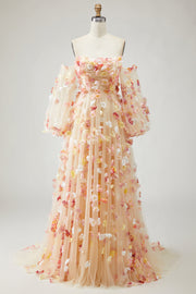 Champagne Floral A-Line Long Prom Dress with Detachable Sleeves