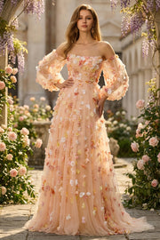 Champagne Floral A-Line Strapless Maxi Prom Dress with Detachable Sleeves