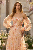 Champagne Floral A-Line Strapless Maxi Prom Dress with Detachable Sleeves