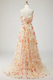 Champagne Floral A-Line Long Prom Dress with Detachable Sleeves