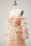 Champagne Floral A-Line Long Prom Dress with Detachable Sleeves