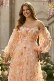 Champagne Floral A-Line Long Prom Dress with Detachable Sleeves