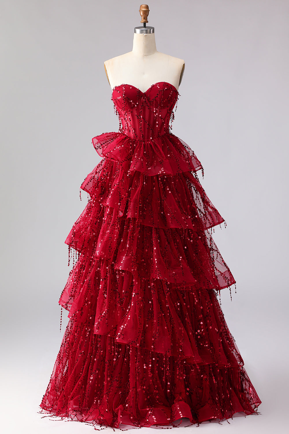 Leely Women Sparkly Burgundy Sequin Long Corset Prom Dress with Ruffles
